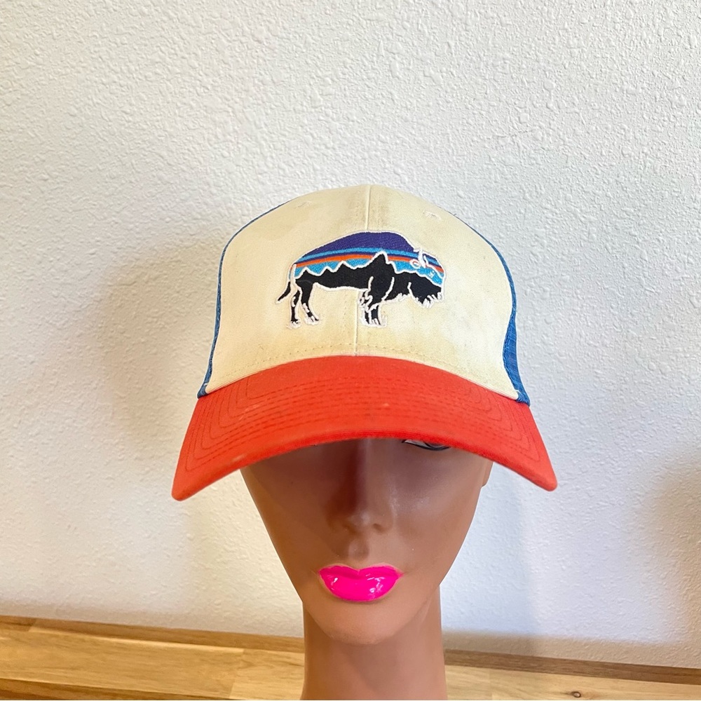 Vintage Patagonia Fitz Roy Bison Sunset Buffalo Blue/Red Mesh Snapback Hat